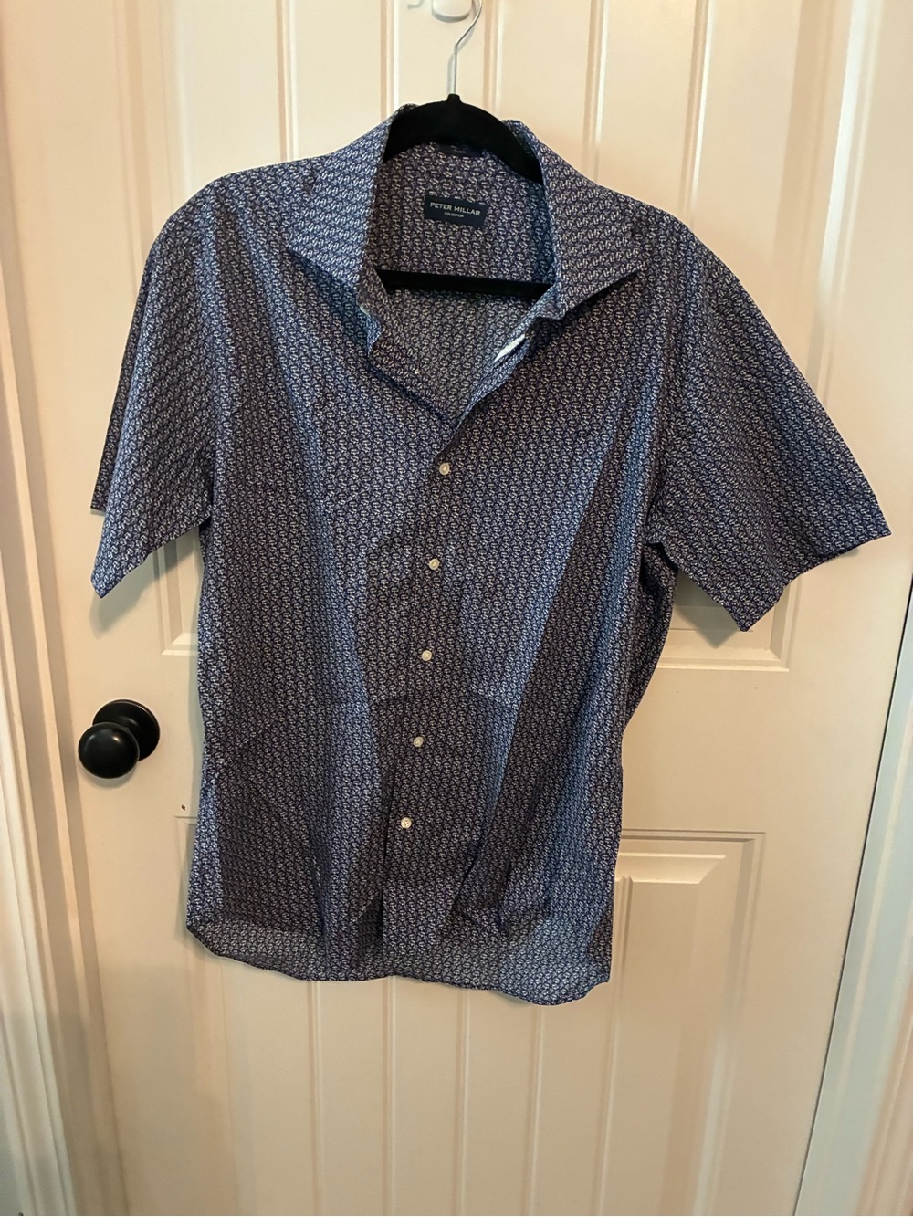 Peter Millar Navy Blue Micro Geometric Short-Sleeve Button-Down